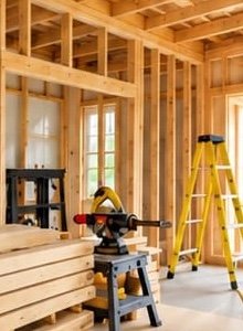Timber stud framing and joinery on a building site