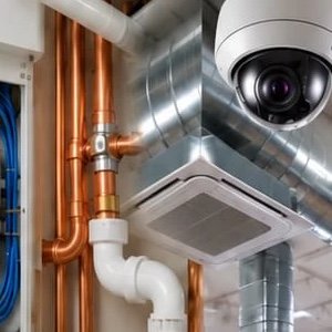 Copper pipework, electrical distribution board, HVAC ducting and CCTV camera