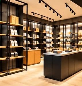 Modern retail interior with black shelving and a central counter